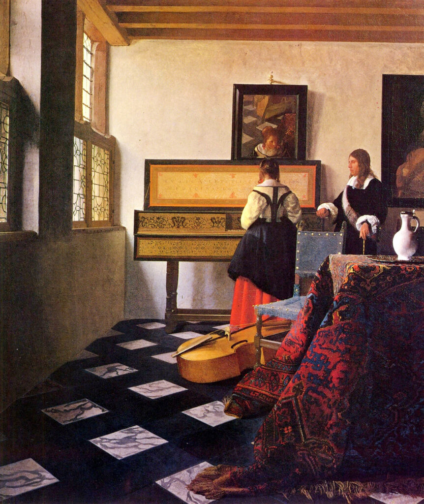 "Lezione di musica" di Johannes Vermeer che ritrae una giovane ragazza che studia alla spinetta mentre l'insegnate la ascolta