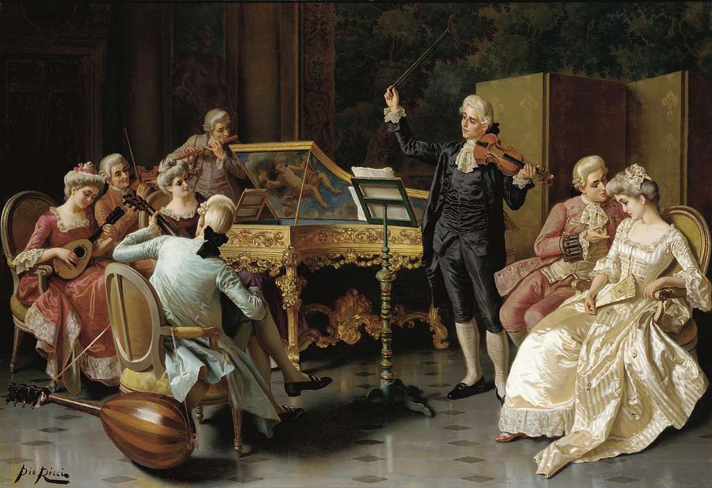 Quadro di Pio Ricci "Concerto privato" dove troviamo una giovane nobildonna al clavicembalo